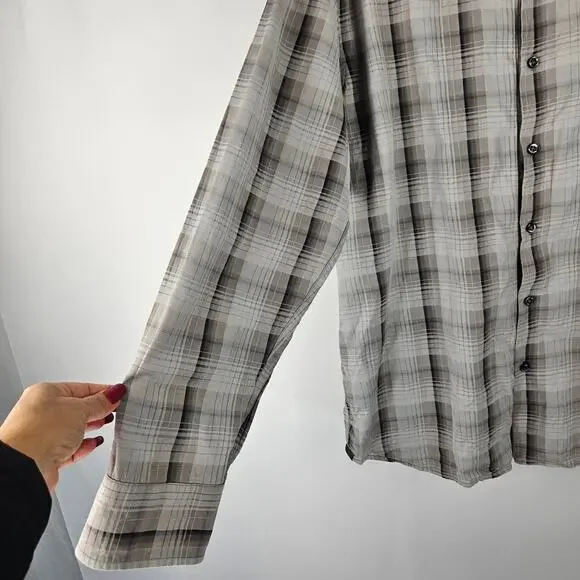 Tommy Bahama Gray Plaid Silk Cotton Blend Long Sleeve Button Up Shirt Men's XL - Picture 7 of 14